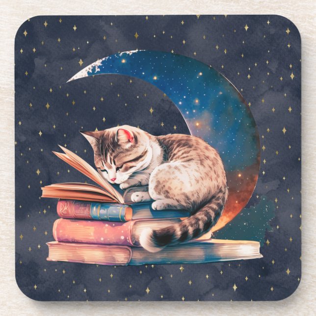 Adorable Katze auf dem Mond Lesen eines Buches Getränkeuntersetzer (Vorderseite)