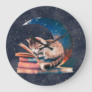 Adorable Katze auf dem Mond Lesen eines Buches Große Wanduhr