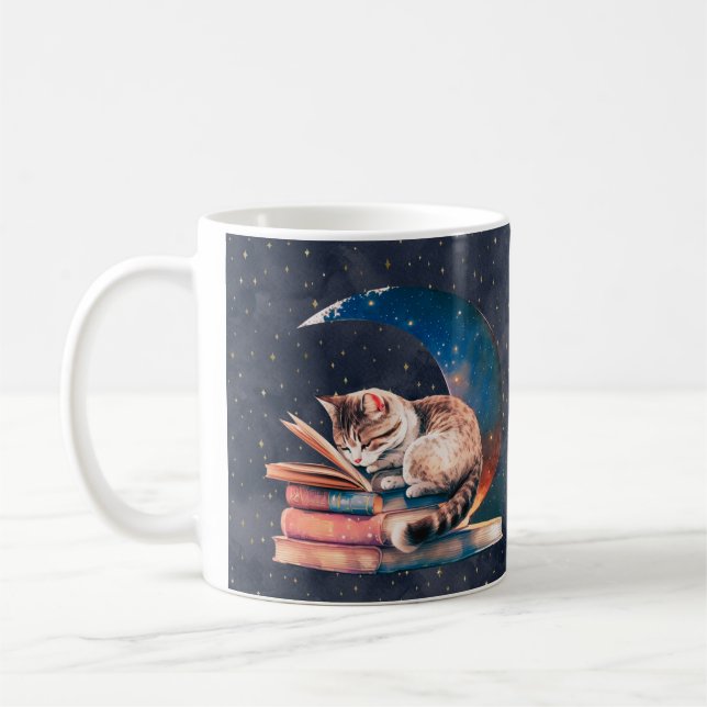 Adorable Katze auf dem Mond Lesen eines Buches Kaffeetasse (Links)