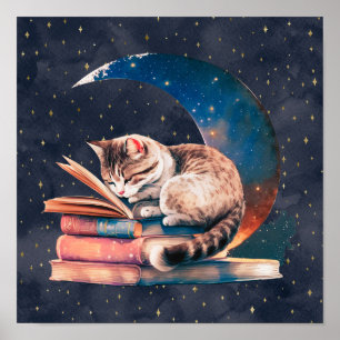 Adorable Katze auf dem Mond Lesen eines Buches Poster