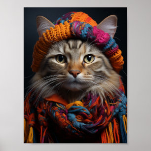 Adorable Katze in einem Scarf und Hut Poster