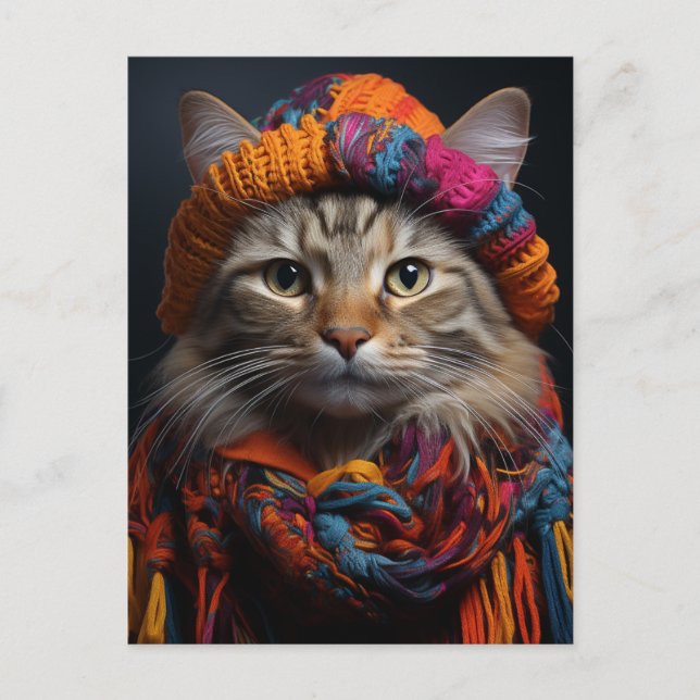 Adorable Katze in einem Scarf und Hut Postkarte (Vorderseite)