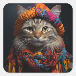 Adorable Katze in einem Scarf und Hut Quadratischer Aufkleber