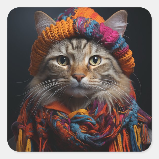 Adorable Katze in einem Scarf und Hut Quadratischer Aufkleber (Vorderseite)