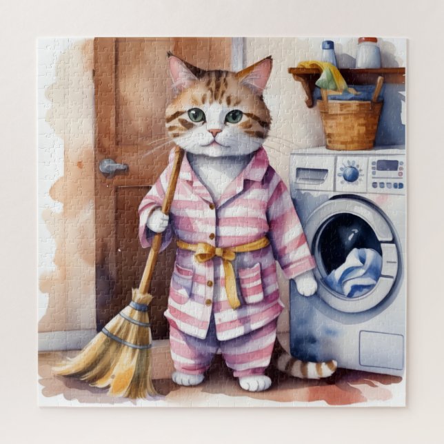 Adorable Katze in Pajamas Wäscherei Funny Puzzle (Vertikal)