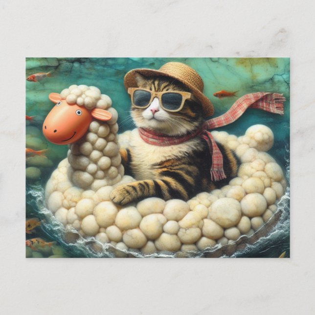 Adorable Katze mit auf Schafsfloatie Postkarte (Vorderseite)