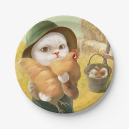 Adorable Katze mit Hen auf dem Bauernhof Pappteller