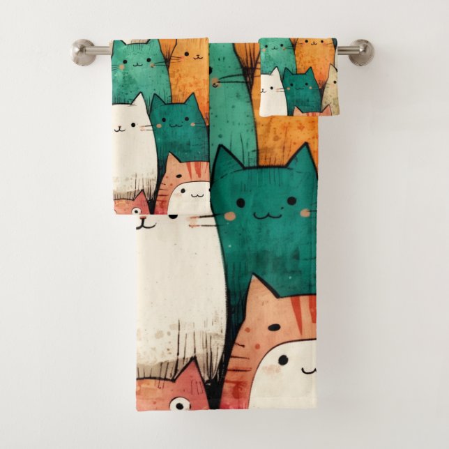 Adorable Katzen | Farbiges Cartoon-Design Badhandtuch Set (Insitu)