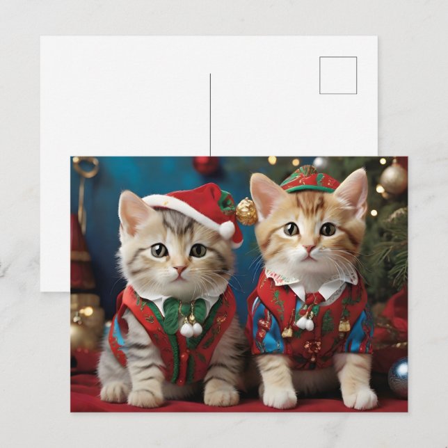 Adorable Katzen in Weihnachtsmannmützen Festlich Postkarte (Vorne/Hinten)