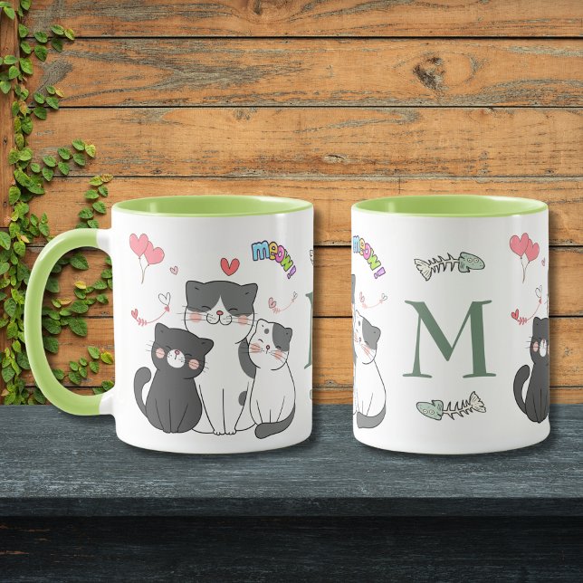 Adorable Katzen Meow Hearts Themed Monogram Tasse (Von Creator hochgeladen)