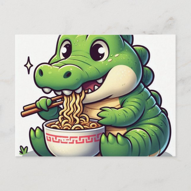 Adorable Kawaii Alligator Eating Ramen Postkarte (Vorderseite)