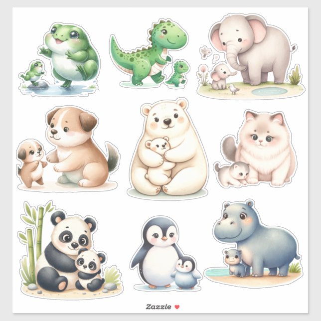 Adorable Kawaii Animals: Baby- und Mutterkleber Aufkleber (Blatt)