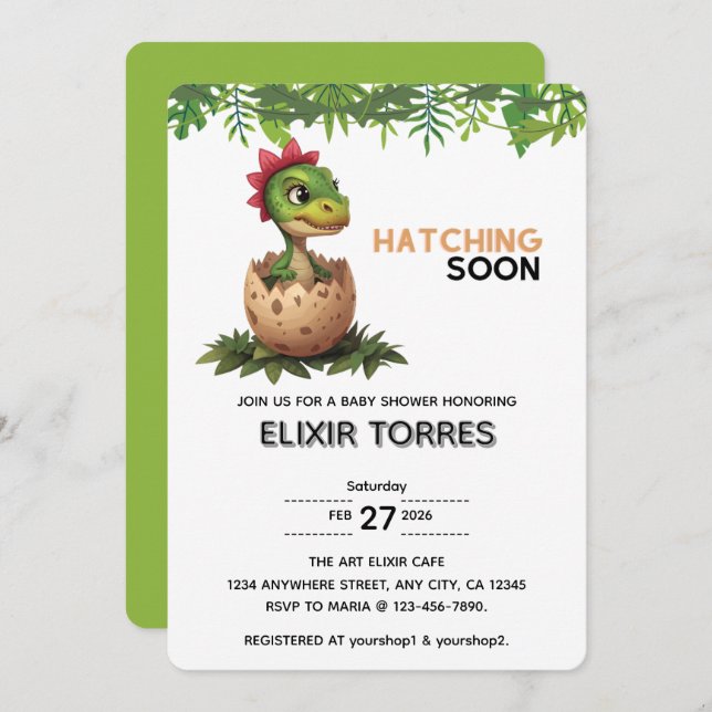 Adorable Kawaii Baby Dinosaur Hatching Einladung (Vorne/Hinten)