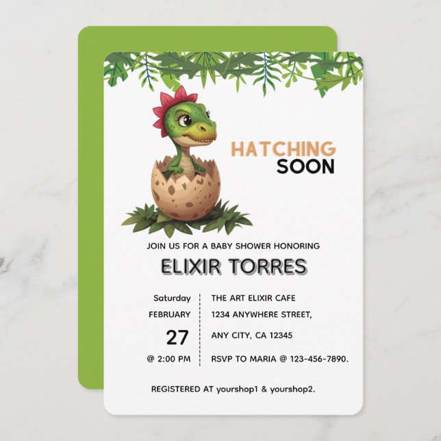 Adorable Kawaii Baby Dinosaur Hatching Einladung (Vorne/Hinten)