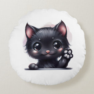 Adorable Kawaii Black Cat Rundes Kissen