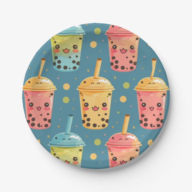 Adorable Kawaii Boba Drink Design Pappteller (Vorderseite)