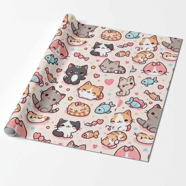 Adorable Kawaii Cats Muster Geschenkpapier (Ungerollt)