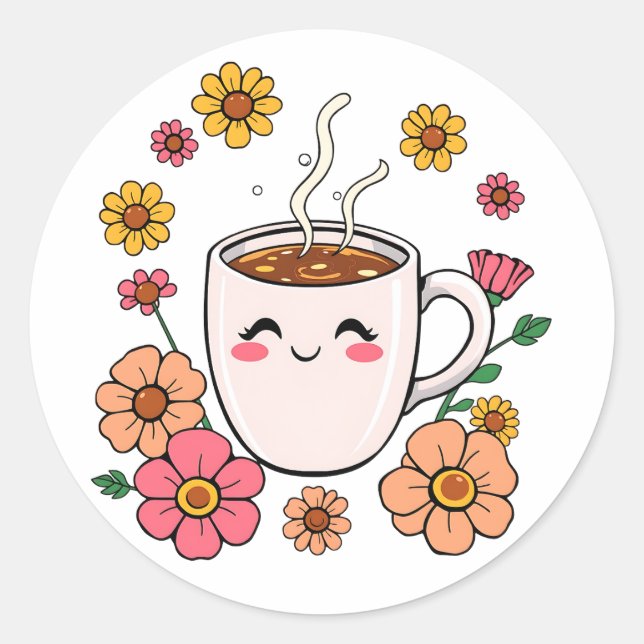 Adorable Kawaii Coffee Cartoon Runder Aufkleber (Vorderseite)