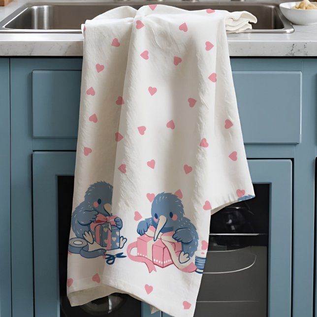 Adorable kawaii Kiwi love bird Valentine Cute Pink Geschirrtuch (Kawaii kiwi birds wrap gifts amid pink hearts on this adorable Valentine’s kitchen towel.)