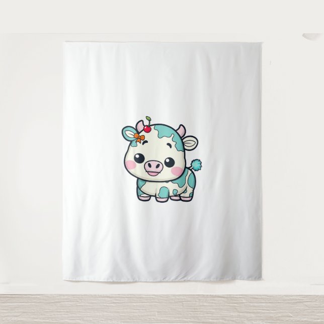 Adorable Kawaii-Kuh mit Kirsche und Bow-Design _2 Wandteppich (Vorderseite)