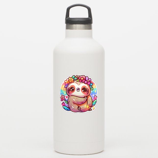 Adorable Kawaii Sloth mit Blume Crown Aufkleber (Wassserflasche)