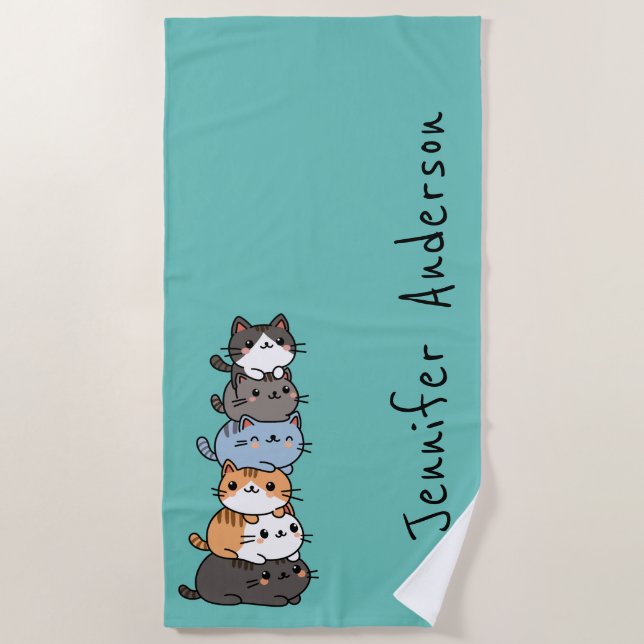 Adorable Kawaii Stack Of Kitty Cats Personalized Strandtuch (Vorderseite)