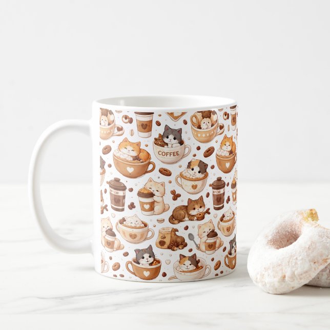 Adorable Kitten & Coffee Pattern Mug  Kaffeetasse (Mit Donut)