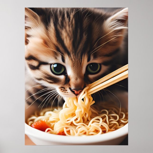 Adorable Kitten Eating Ramen Noodles Poster (Vorne)