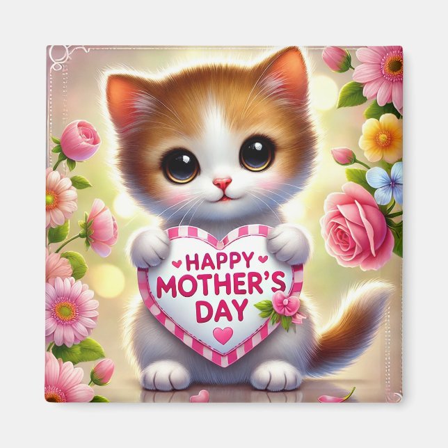 Adorable Kitten Holding Mütter Tagesherz Magnet (Vorne)