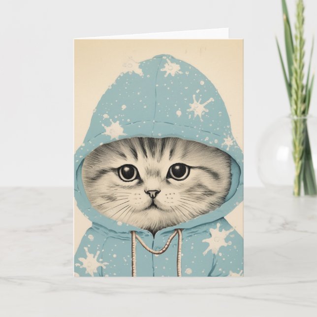 Adorable Kitten in einem pastellblauen Hoodie Karte (Vorderseite)