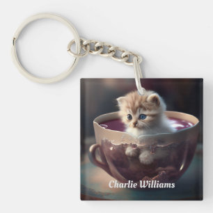 Adorable Kitten in einem Teacup Personalisiert Schlüsselanhänger