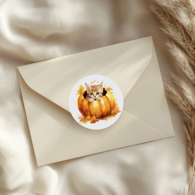 Adorable Kitten in Pumpkin Runder Aufkleber (Adorable Kitten in Pumpkin Classic Round Sticker on an envelope)