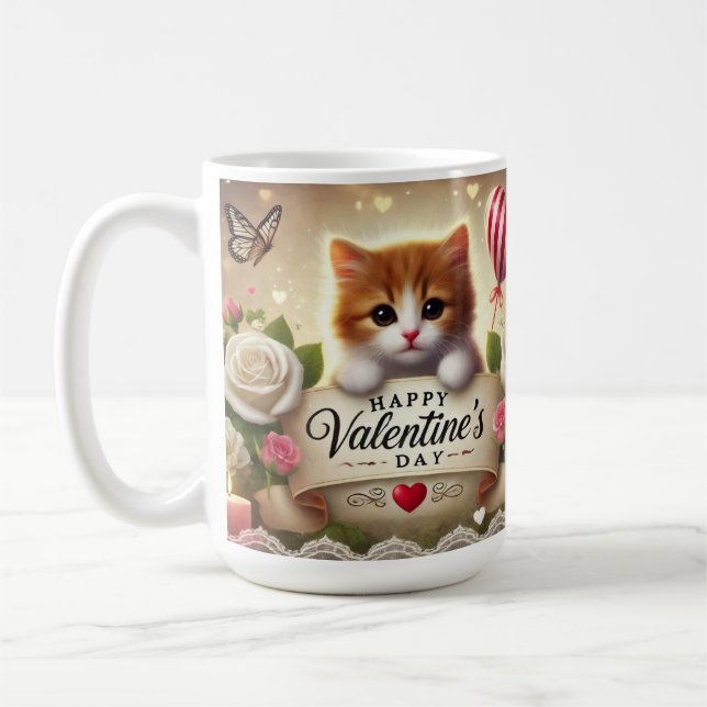 Adorable Kitten mit Rose, Kerzen und Herz Kaffeetasse (Links)