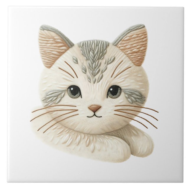 Adorable Kitty Decke bestickt Cat Keramik Tile Fliese (Vorderseite)