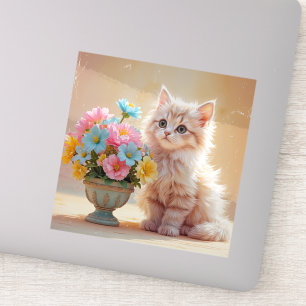 Adorable Kitty mit Bouquet von Blume Aufkleber