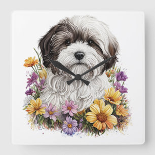 ADORABLE KLEINE SHIH TZU HUND MIT BLUME QUADRATISCHE WANDUHR
