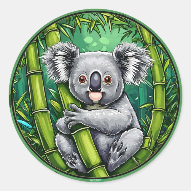 Adorable Koala Hugging Bamboo Stalk Runder Aufkleber (Vorderseite)