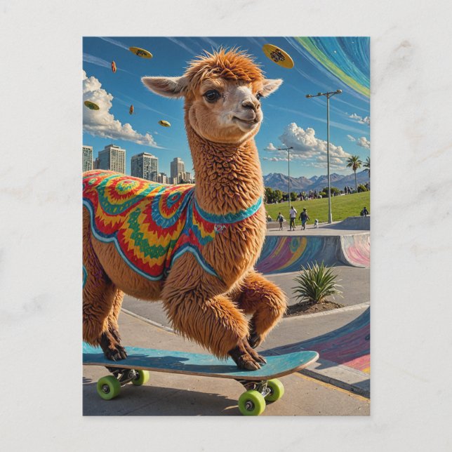 Adorable komische Skateboarding Alpaca Postkarte (Vorderseite)
