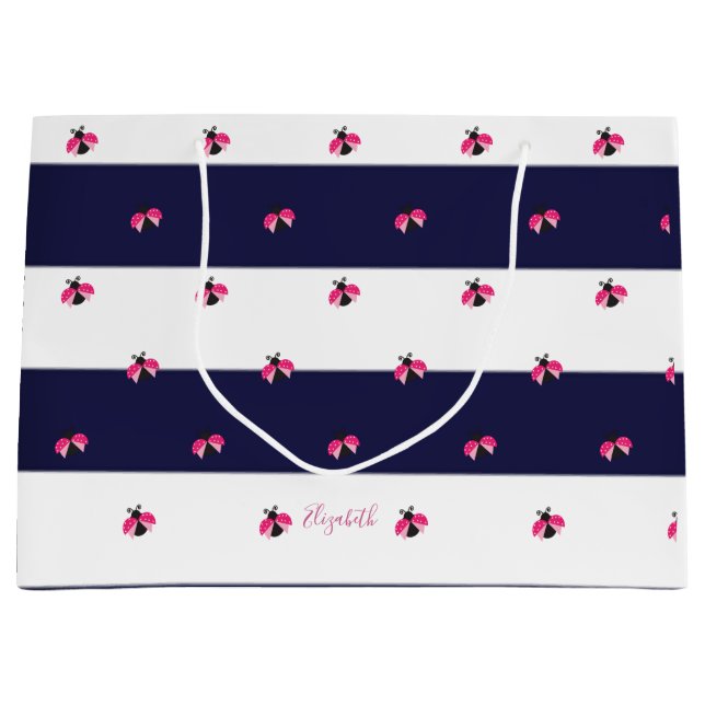 Adorable Ladybird Navy Blue Stripes Große Geschenktüte (Vorderseite)