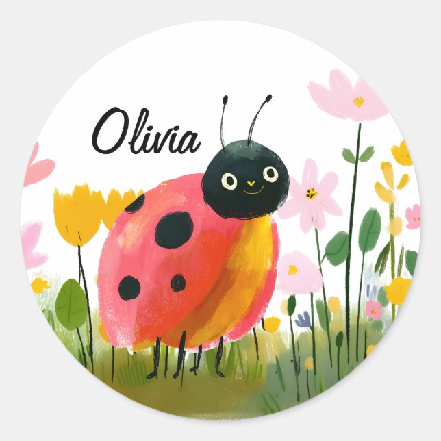 Adorable Ladybug Girl's Name Wildflowers Runder Aufkleber (Vorderseite)