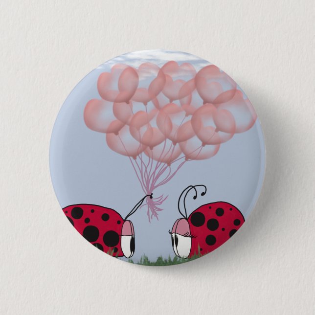 Adorable Ladybug mit Hübschem rosa Ballon Bouquet Button (Vorderseite)