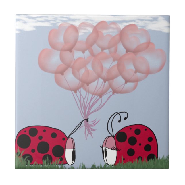 Adorable Ladybug mit Hübschem rosa Ballon Bouquet Fliese (Vorderseite)