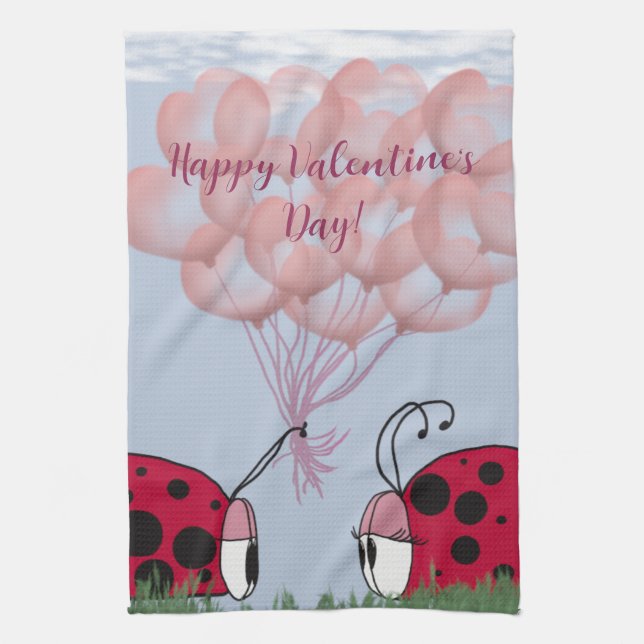 Adorable Ladybug mit Hübschem rosa Ballon Bouquet Geschirrtuch (Vertikal)