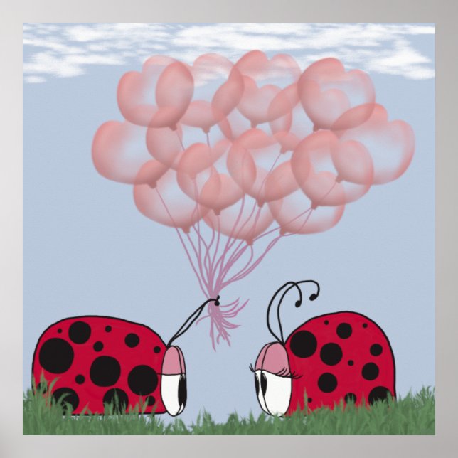 Adorable Ladybug mit Hübschem rosa Ballon Bouquet Poster (Vorne)