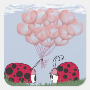 Adorable Ladybug mit Hübschem rosa Ballon Bouquet Quadratischer Aufkleber
