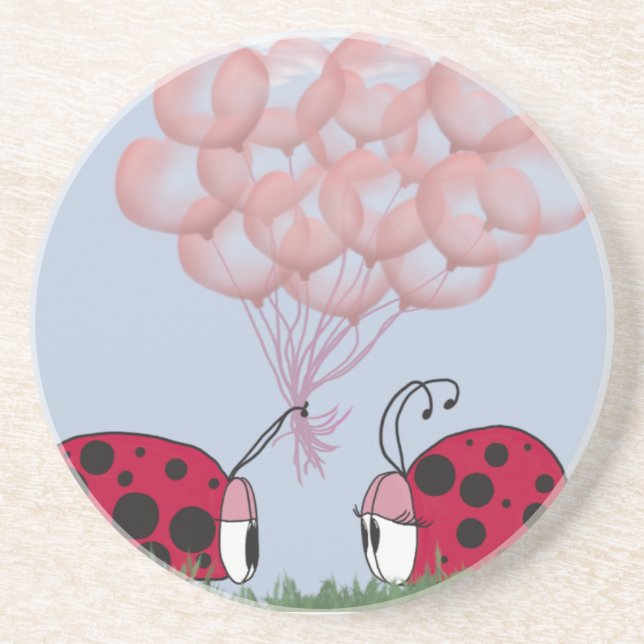 Adorable Ladybug mit Hübschem rosa Ballon Bouquet Sandstein Untersetzer (Vorne)