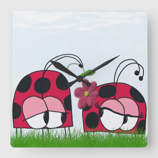 Adorable Ladybug Wog seine neue Liebe Cartoon Quadratische Wanduhr (Vorderseite)