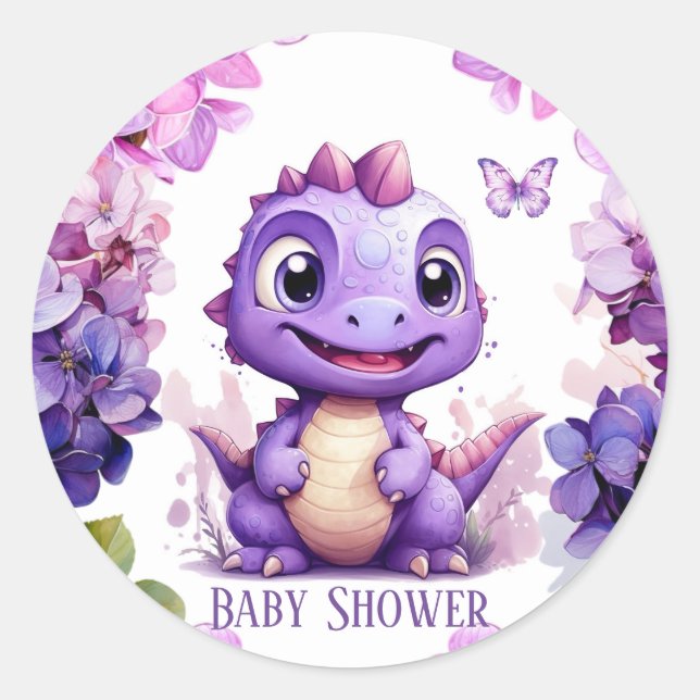 Adorable Lila Dinosaurier Floral Girl Babydusche Runder Aufkleber (Vorderseite)