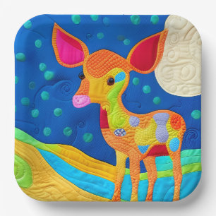 Adorable Little Baby Deer - quilt-like Design Pappteller