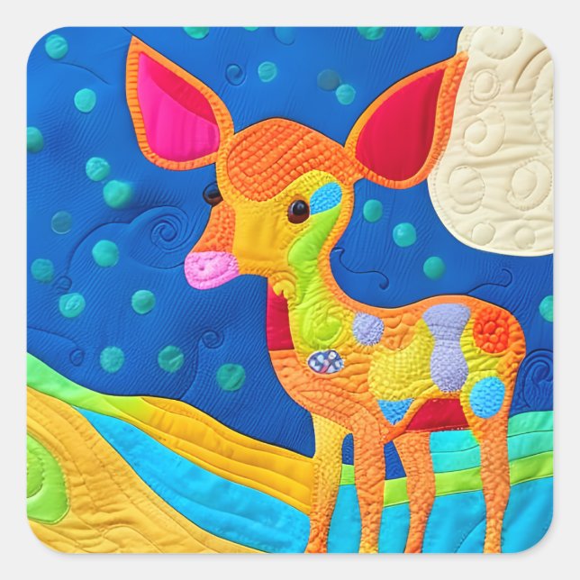 Adorable Little Baby Deer - quilt-like Design Quadratischer Aufkleber (Vorderseite)